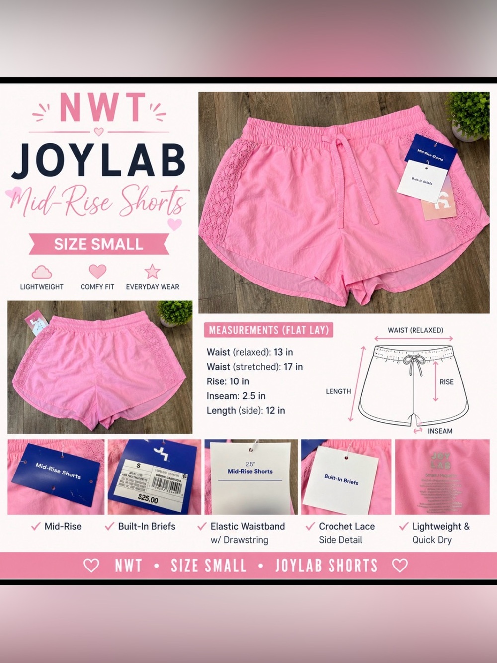 NWT JoyLab Pink Mid-Rise Crochet Lace Shorts | Built-In Briefs | Size Small
